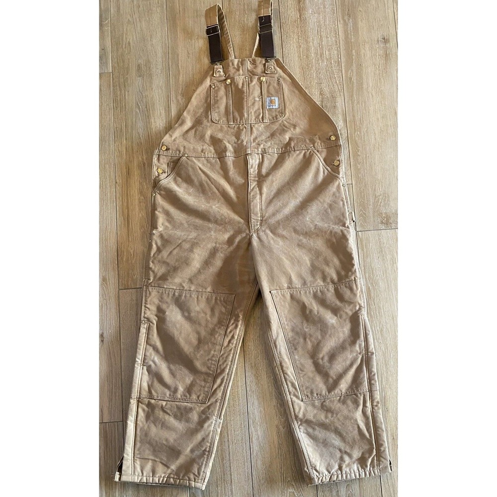 Carhartt Brown Bib Overalls Insulated Zip Leg Double Knee Sz 44 READ